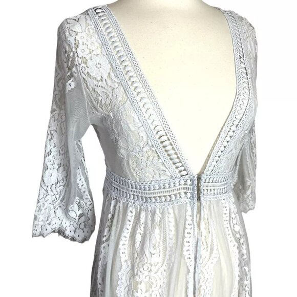Lace Cover Up White M Fringe Bell Half Sleeve Long Embroidered Boho Hippie Beach - Picture 6 of 8